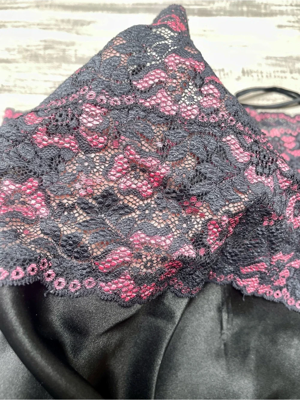 Jones New York Black Satin Slip with Romantic Pink Lace Overlay